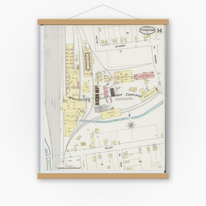 Old map wall art mockup — magnetic wood frame on white wall — Sanborn Fire Insurance Map from Youngstown, Mahoning County, Ohio (1889), Sheet #0014
