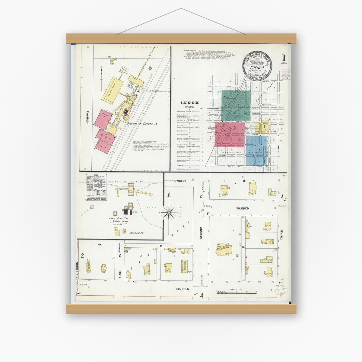 Old map wall art mockup — magnetic wood frame on white wall — Sanborn Fire Insurance Map from Chenoa, McLean County, Illinois (1907) - Complete Map Set