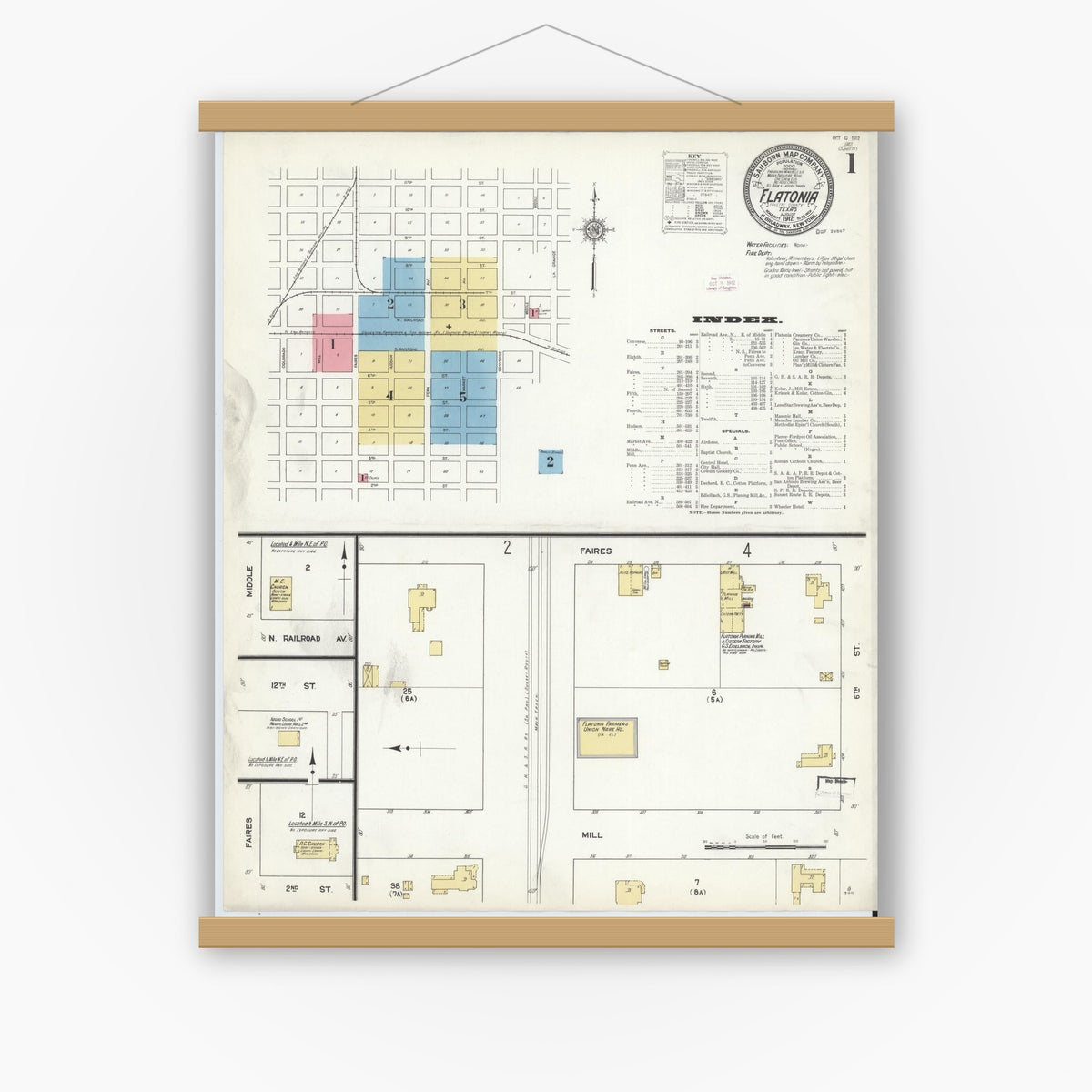 Old map wall art mockup — magnetic wood frame on white wall — Sanborn Fire Insurance Map from Flatonia, Fayette County, Texas (1912) - Complete Map Set