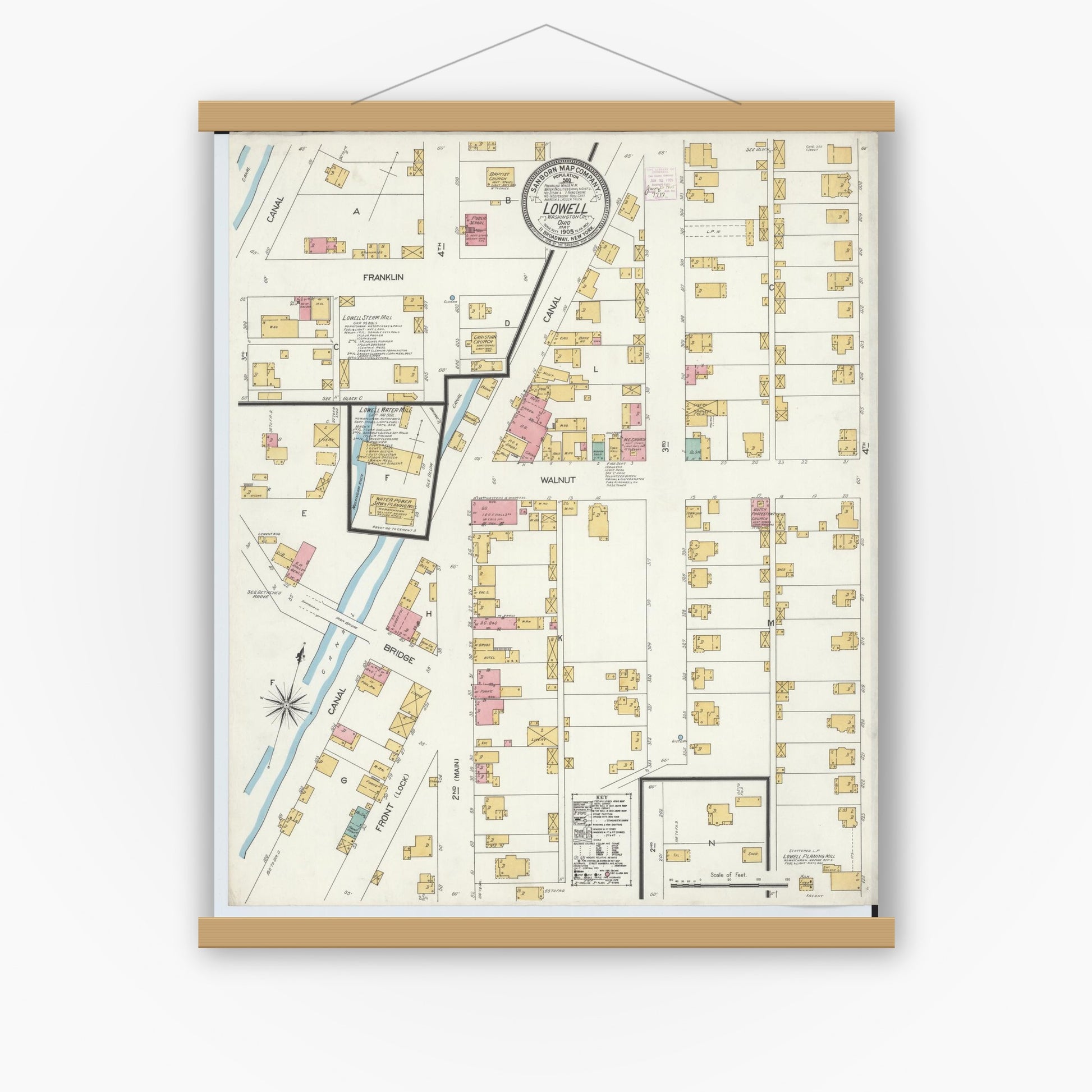 Old map wall art mockup — magnetic wood frame on white wall — Sanborn Fire Insurance Map from Lowell, Washington County, Ohio (1905), Sheet #0001