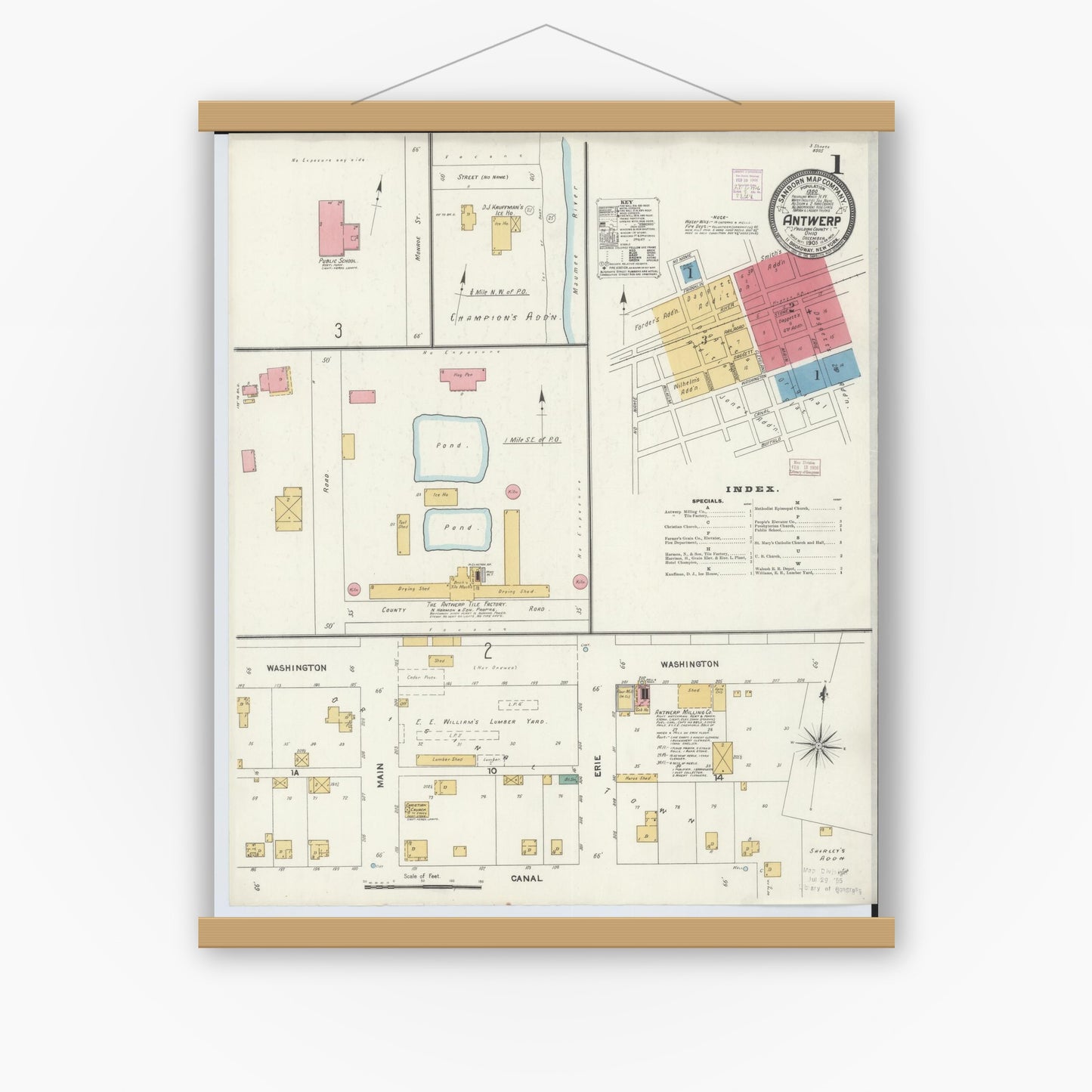 Old map wall art mockup — magnetic wood frame on white wall — Sanborn Fire Insurance Map from Antwerp, Paulding County, Ohio (1905) - Complete Map Set