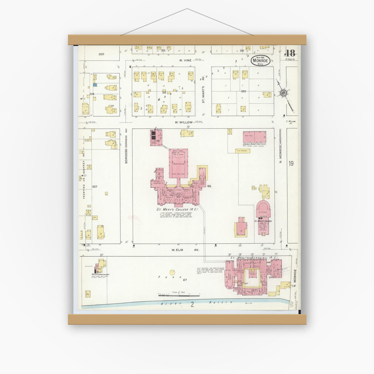 Old map wall art mockup — magnetic wood frame on white wall — Sanborn Fire Insurance Map from Monroe, Monroe County, Michigan (1916), Sheet #0018