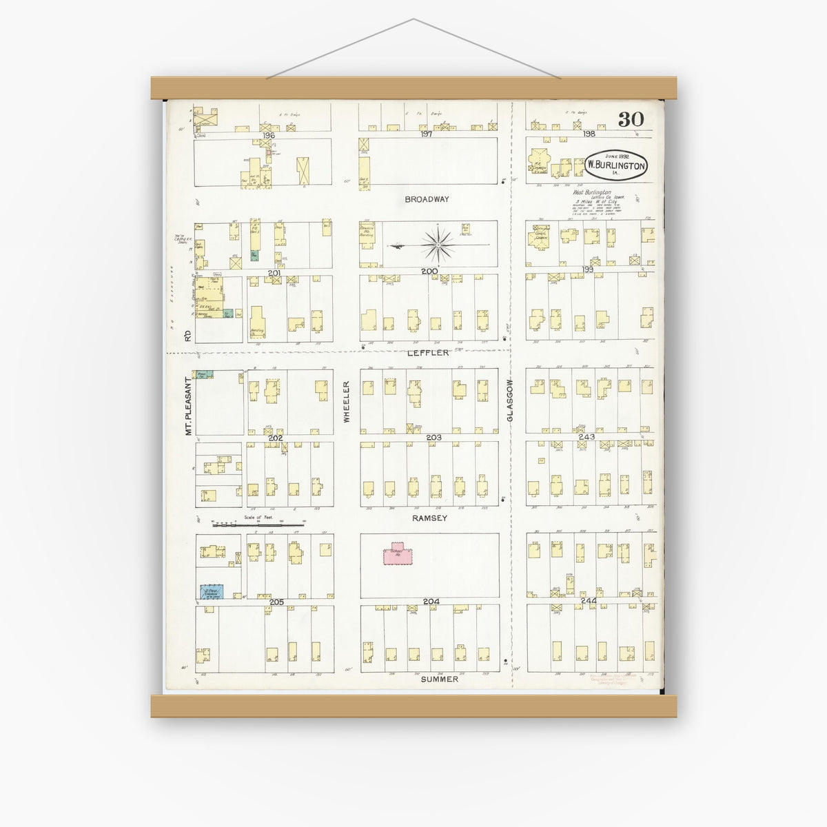Old map wall art mockup — magnetic wood frame on white wall — Sanborn Fire Insurance Map from Burlington, Des Moines County, Iowa (1892), Sheet #0030