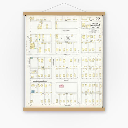 Old map wall art mockup — magnetic wood frame on white wall — Sanborn Fire Insurance Map from Burlington, Des Moines County, Iowa (1892), Sheet #0030
