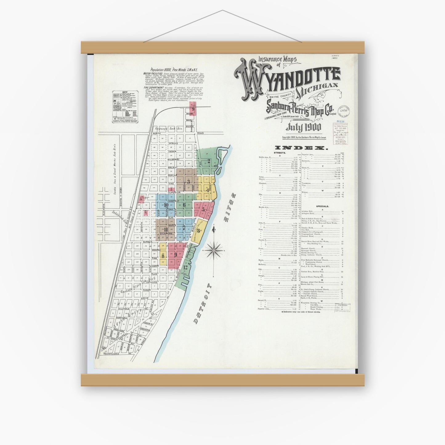 Old map wall art mockup — magnetic wood frame on white wall — Sanborn Fire Insurance Map from Wyandotte, Wayne County, Michigan (1900) - Complete Map Set