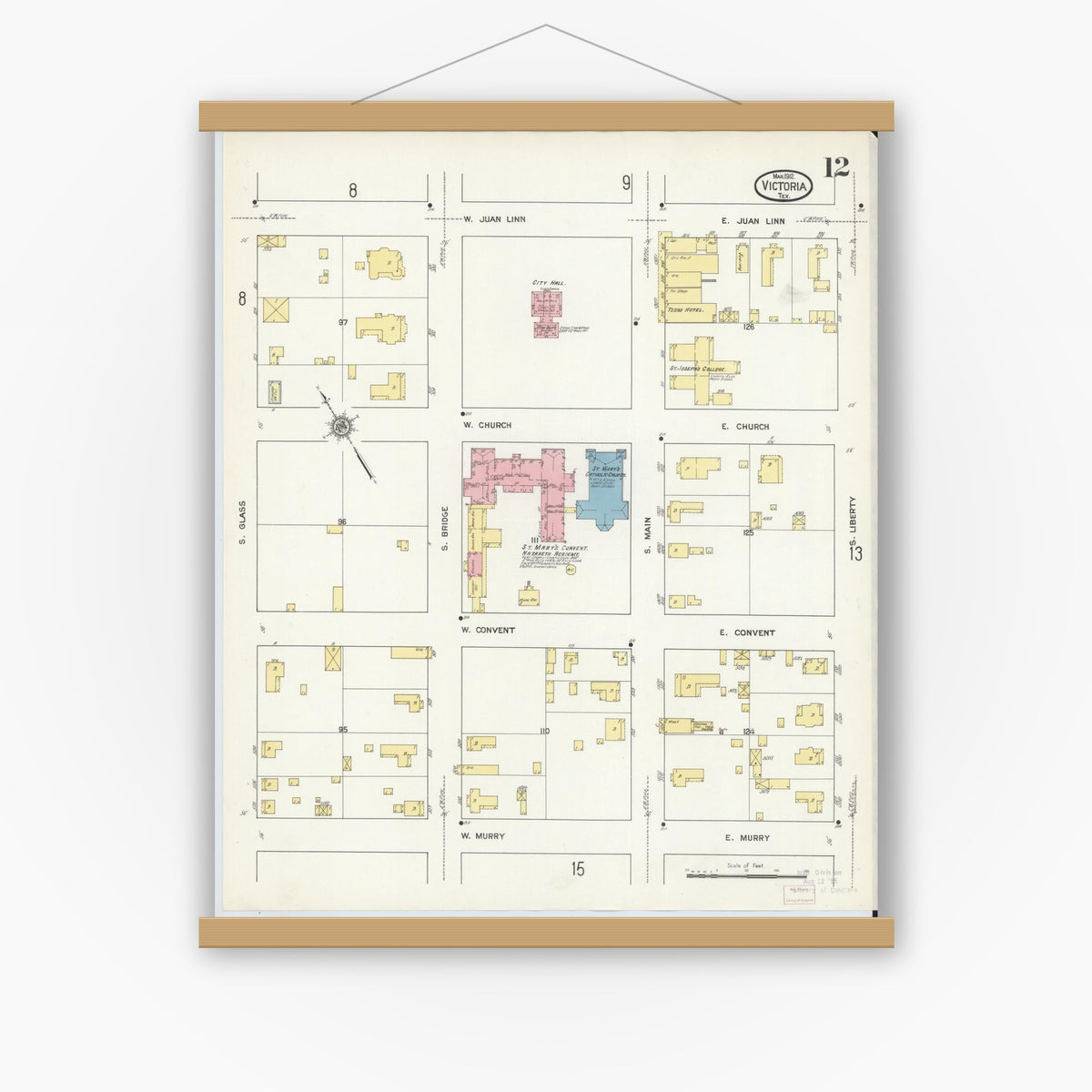 Old map wall art mockup — magnetic wood frame on white wall — Sanborn Fire Insurance Map from Victoria, Victoria County, Texas (1912), Sheet #0012