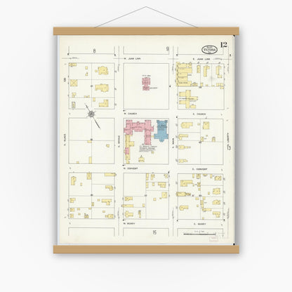 Old map wall art mockup — magnetic wood frame on white wall — Sanborn Fire Insurance Map from Victoria, Victoria County, Texas (1912), Sheet #0012