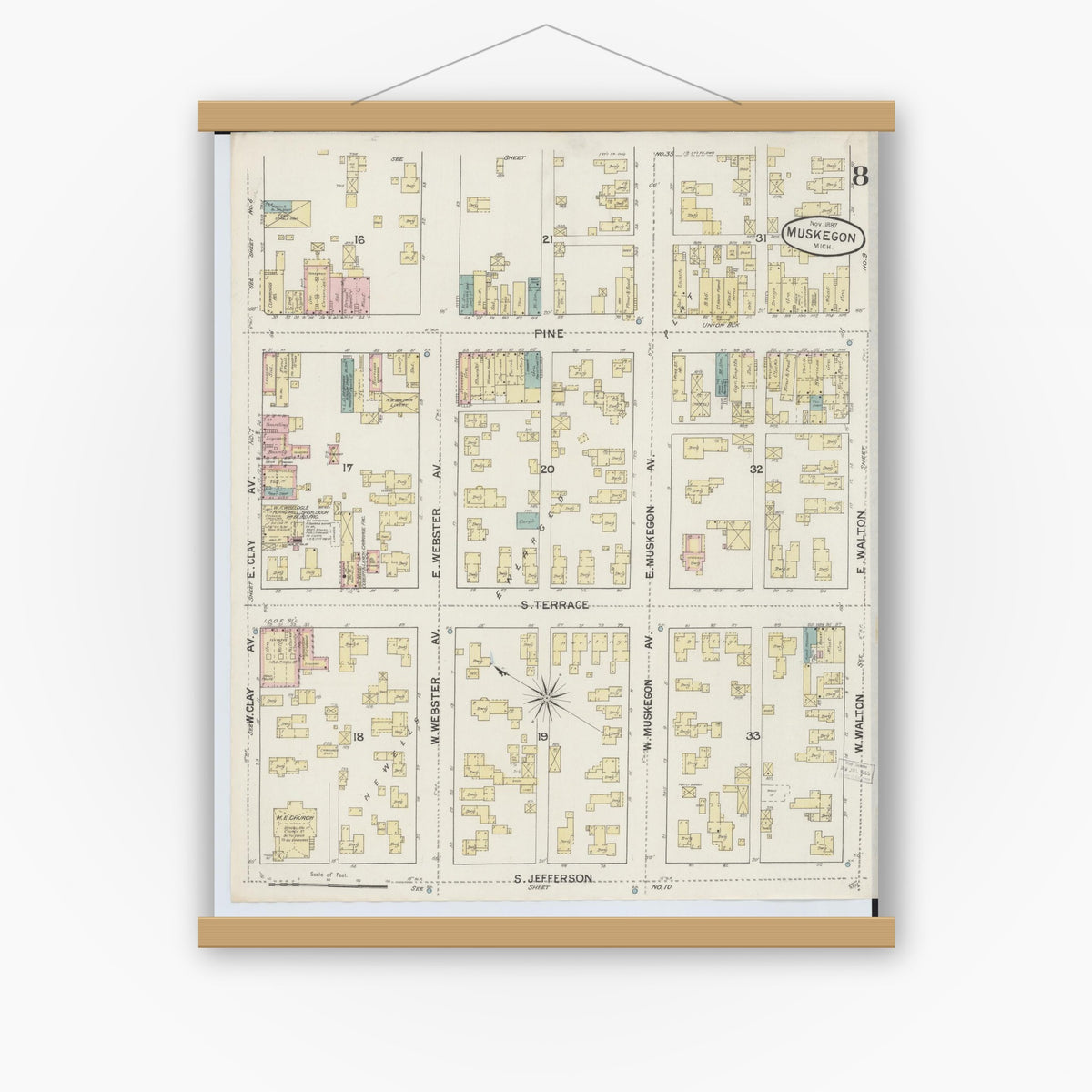 Old map wall art mockup — magnetic wood frame on white wall — Sanborn Fire Insurance Map from Muskegon, Muskegon County, Michigan (1887), Sheet #0008