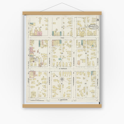Old map wall art mockup — magnetic wood frame on white wall — Sanborn Fire Insurance Map from Muskegon, Muskegon County, Michigan (1887), Sheet #0008
