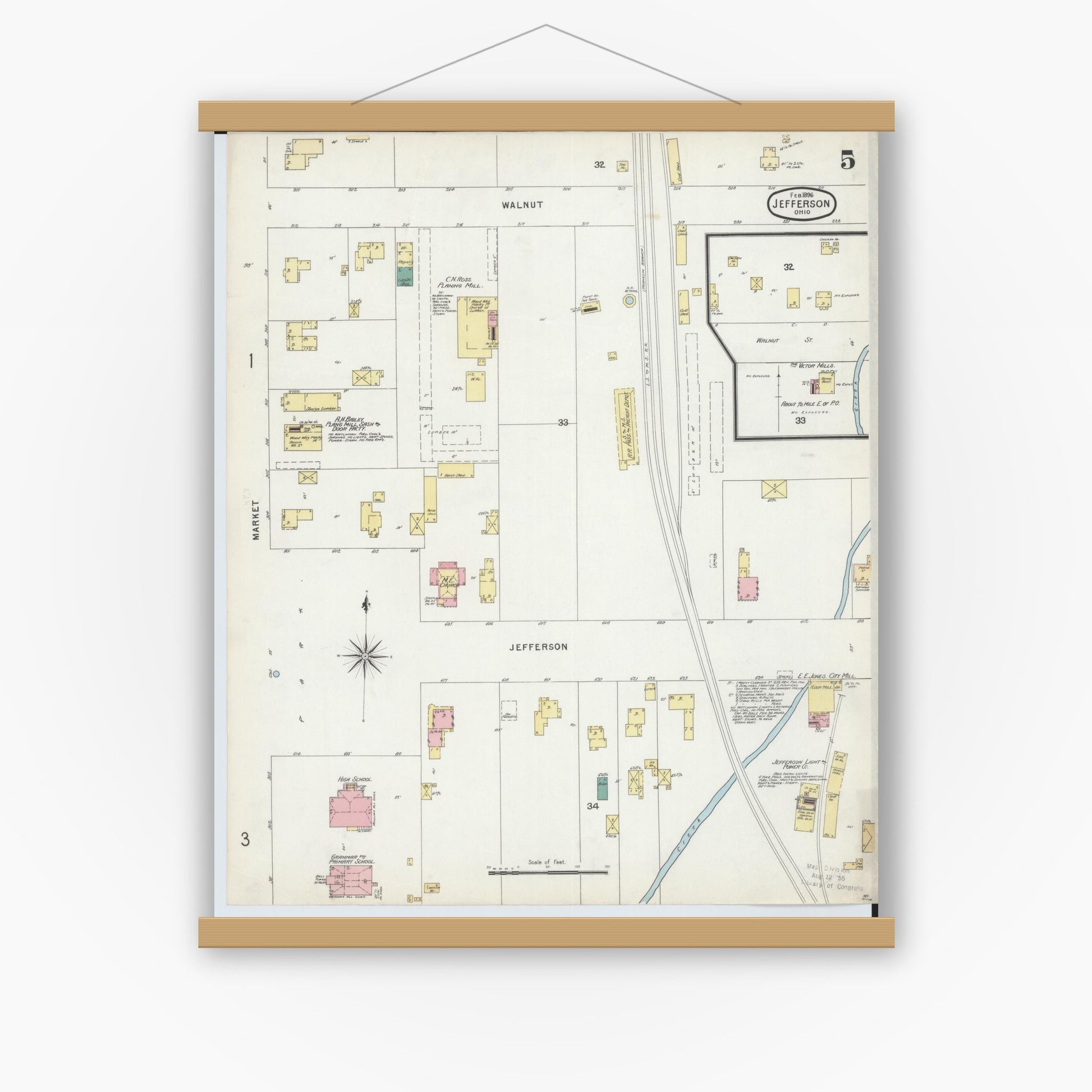 Old map wall art mockup — magnetic wood frame on white wall — Sanborn Fire Insurance Map from Jefferson, Ashtabula County, Ohio (1896), Sheet #0005