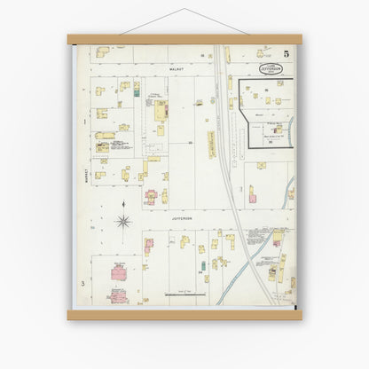 Old map wall art mockup — magnetic wood frame on white wall — Sanborn Fire Insurance Map from Jefferson, Ashtabula County, Ohio (1896), Sheet #0005