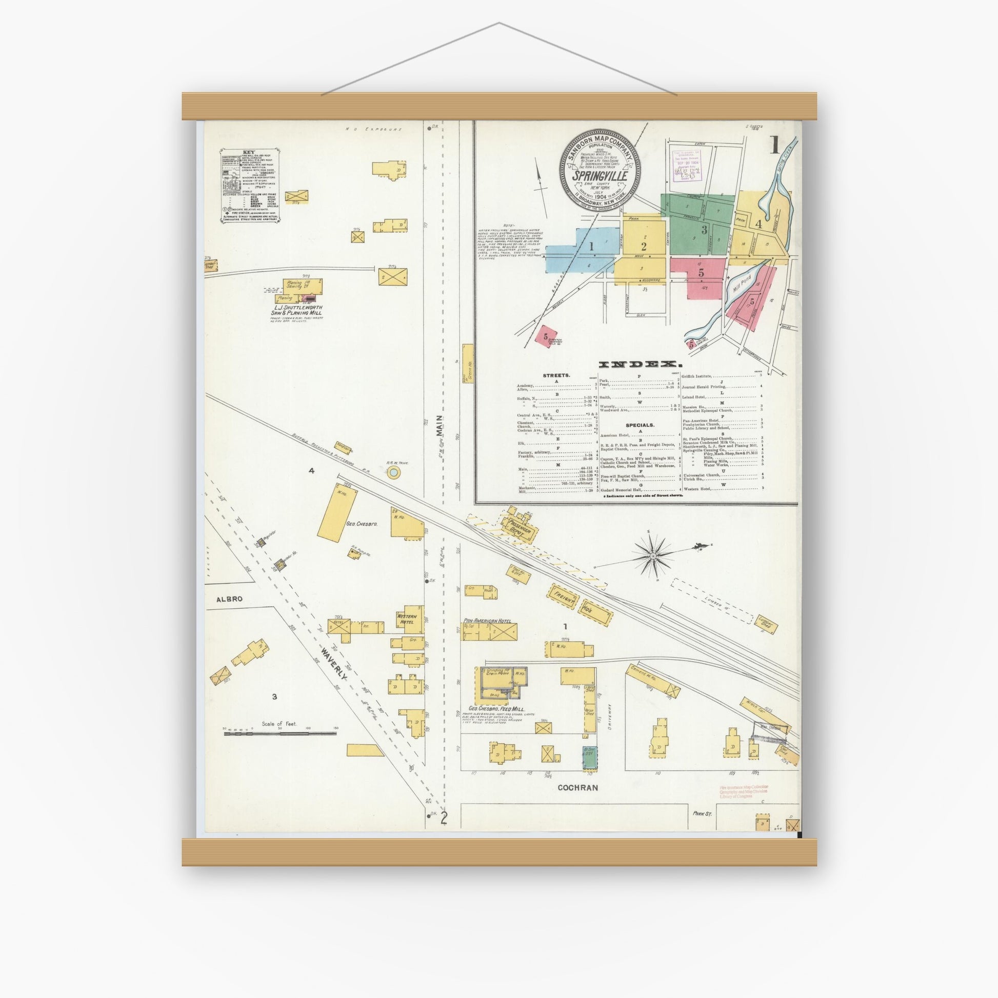 Old map wall art mockup — magnetic wood frame on white wall — Sanborn Fire Insurance Map from Springville, Erie County, New York (1904), Sheet #0001