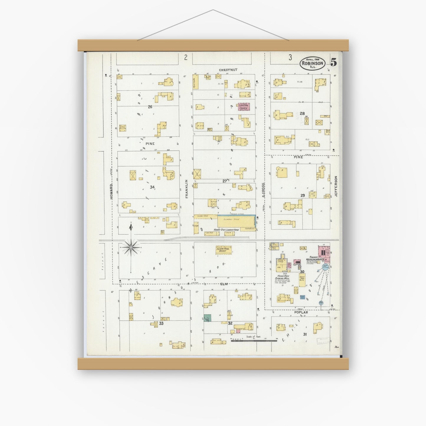 Old map wall art mockup — magnetic wood frame on white wall — Sanborn Fire Insurance Map from Robinson, Crawford County, Illinois (1906), Sheet #0005