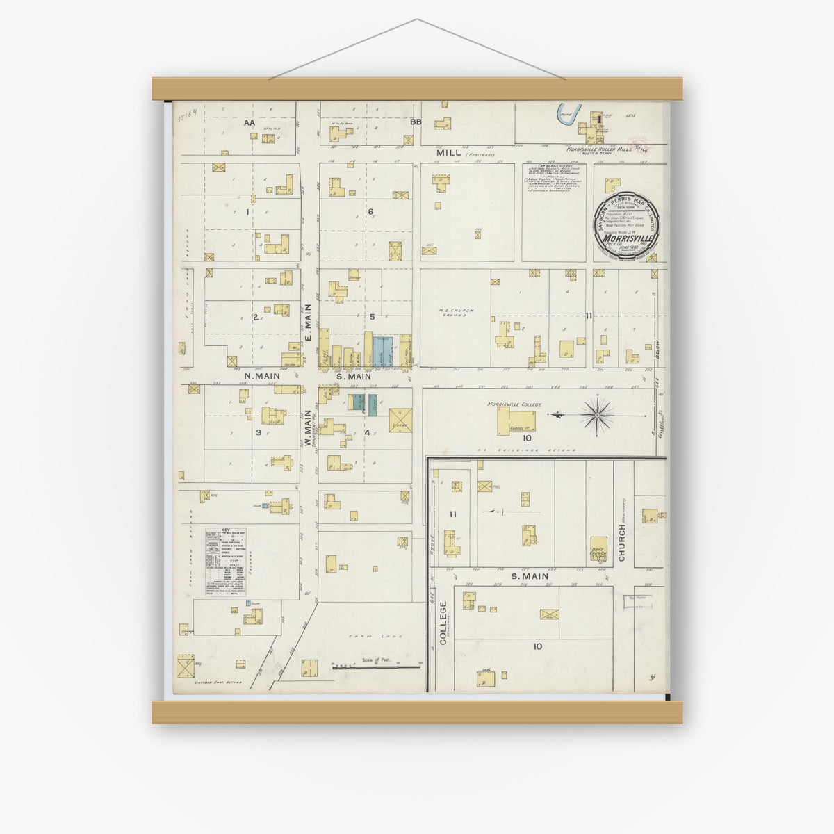 Old map wall art mockup — magnetic wood frame on white wall — Sanborn Fire Insurance Map from Morrisville, Polk County, Missouri (1893), Sheet #0001