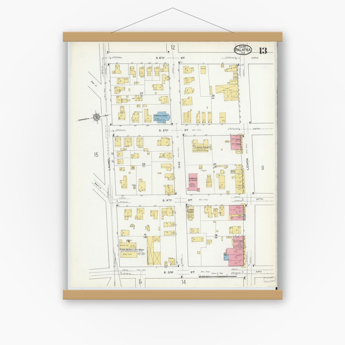 Old map wall art mockup — magnetic wood frame on white wall — Sanborn Fire Insurance Map from Palatka, Putnam County, Florida (1915), Sheet #0013