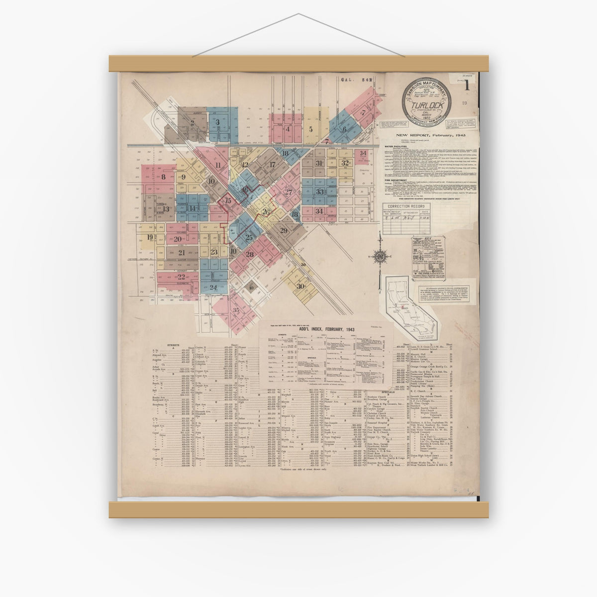 Old map wall art mockup — magnetic wood frame on white wall — Sanborn Fire Insurance Map from Turlock, Stanislaus County, California (1943) - Complete Map Set