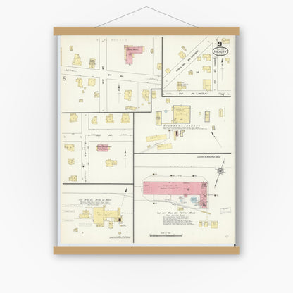 Old map wall art mockup — magnetic wood frame on white wall — Sanborn Fire Insurance Map from Hickory, Catawba County, North Carolina (1913), Sheet #0009