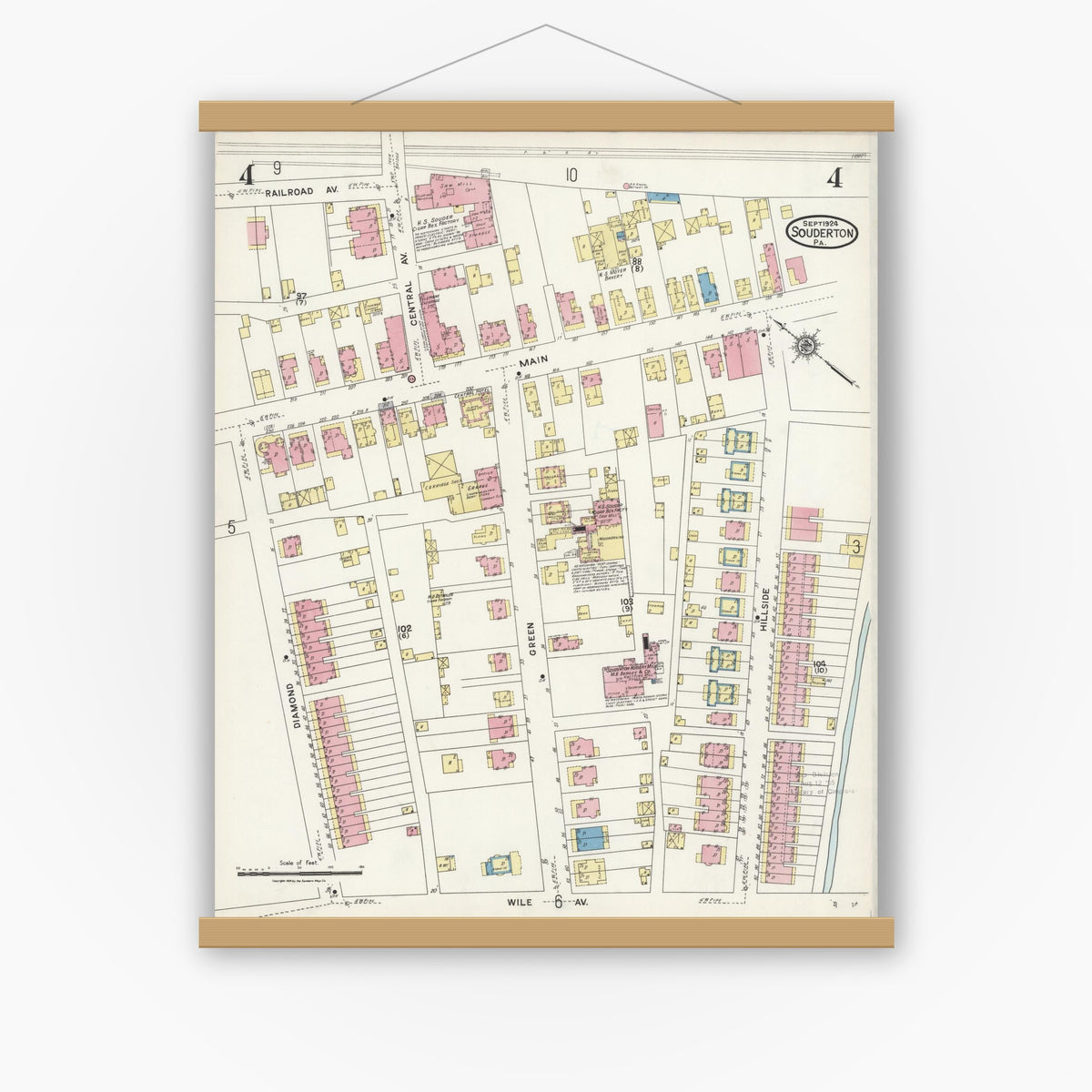 Old map wall art mockup — magnetic wood frame on white wall — Sanborn Fire Insurance Map from Souderton, Montgomery County, Pennsylvania (1924), Sheet #0004