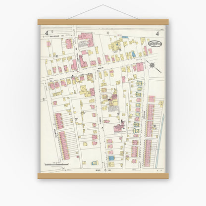 Old map wall art mockup — magnetic wood frame on white wall — Sanborn Fire Insurance Map from Souderton, Montgomery County, Pennsylvania (1924), Sheet #0004