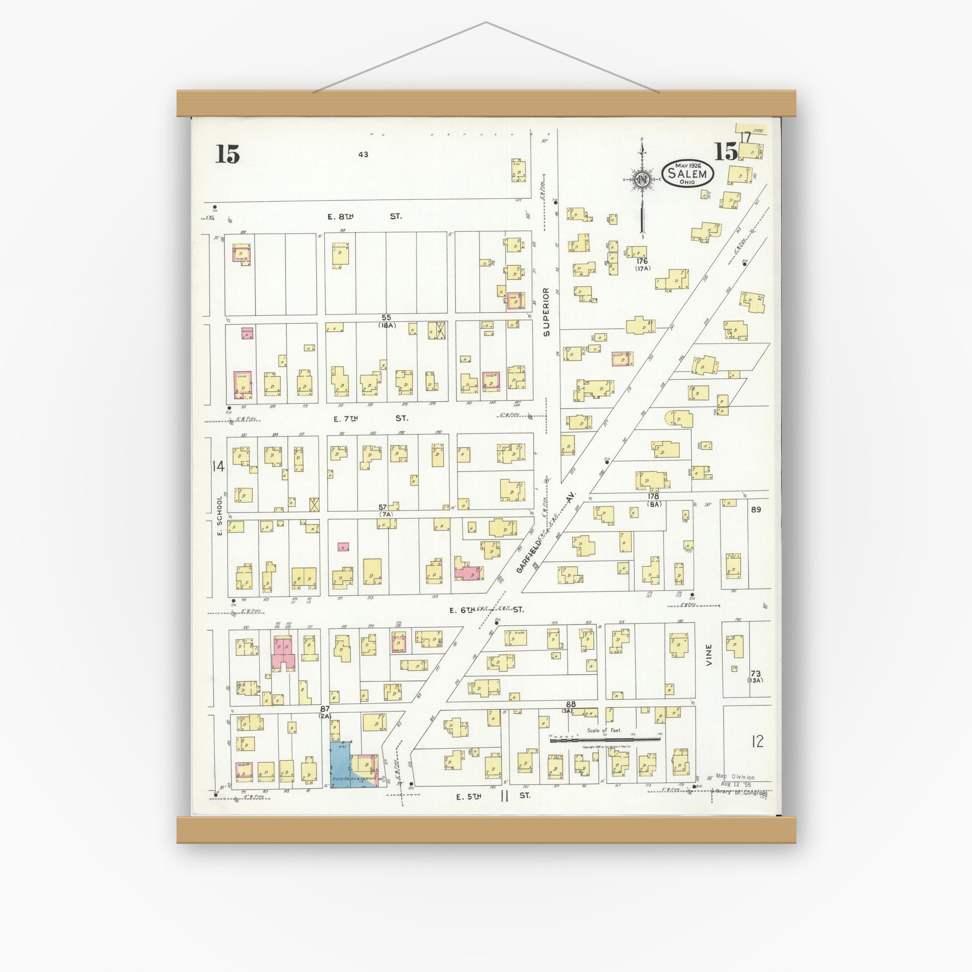 Old map wall art mockup — magnetic wood frame on white wall — Sanborn Fire Insurance Map from Salem, Columbiana County, Ohio (1926), Sheet #0015