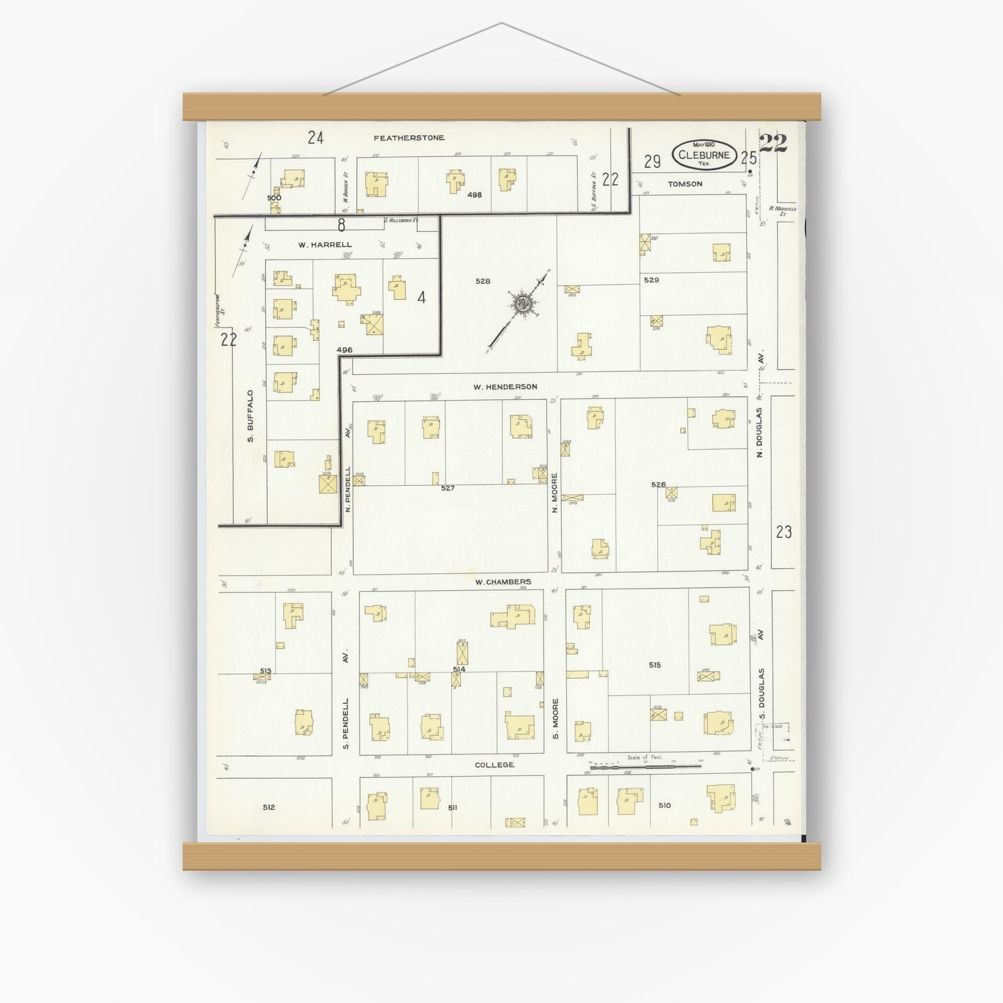Old map wall art mockup — magnetic wood frame on white wall — Sanborn Fire Insurance Map from Cleburne, Johnson County, Texas (1910), Sheet #0022
