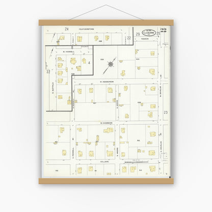 Old map wall art mockup — magnetic wood frame on white wall — Sanborn Fire Insurance Map from Cleburne, Johnson County, Texas (1910), Sheet #0022