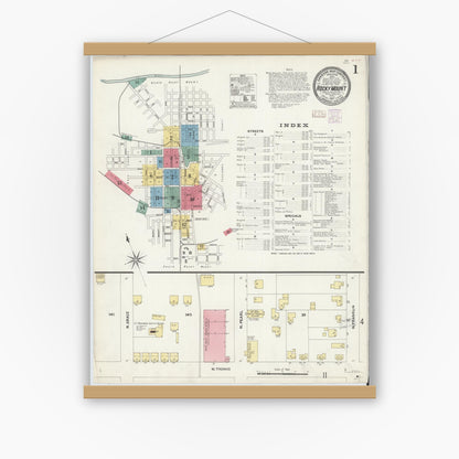 Old map wall art mockup — magnetic wood frame on white wall — Sanborn Fire Insurance Map from Rocky Mount, Edgecombe And Nash Counties, North Carolina (1907) - Complete Map Set