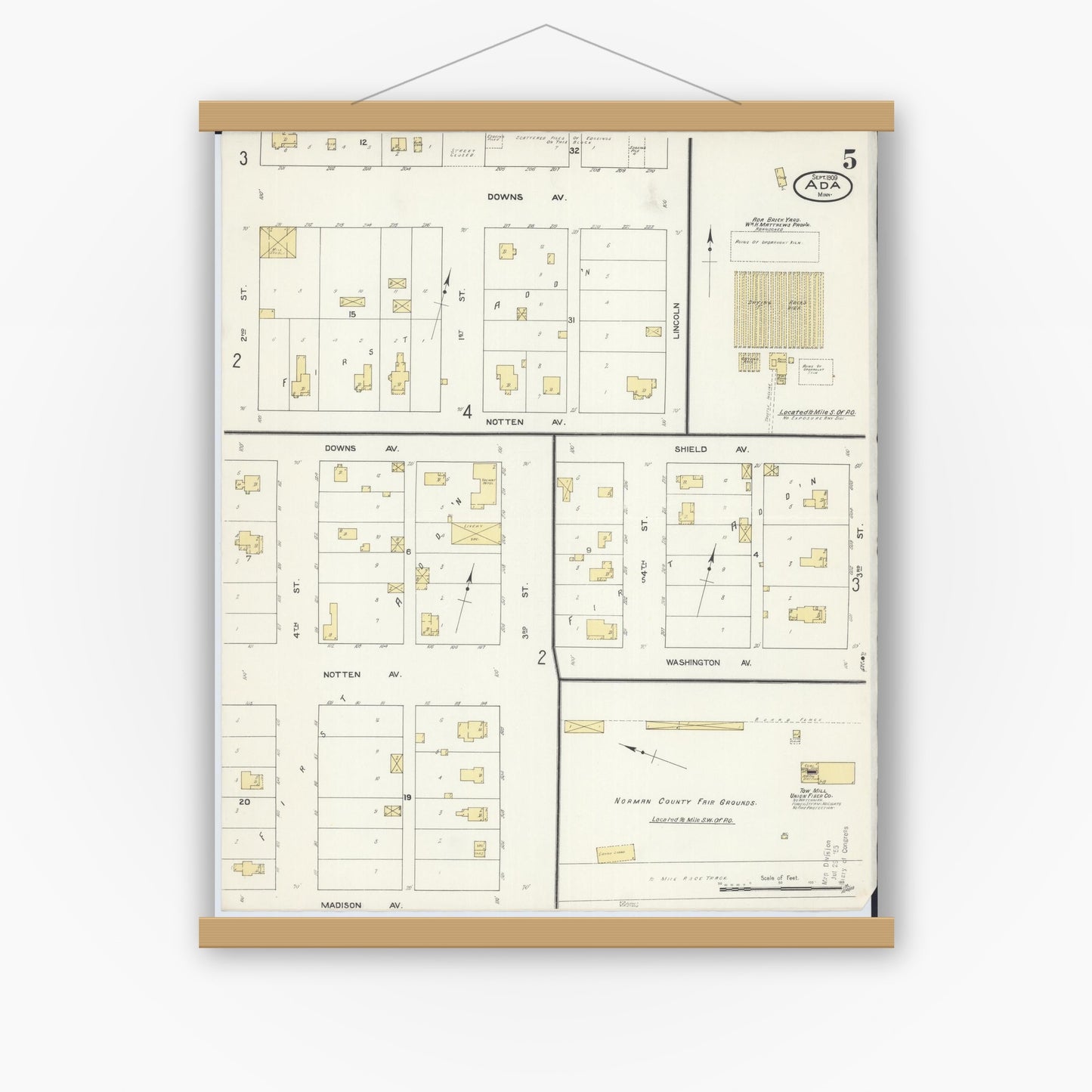 Old map wall art mockup — magnetic wood frame on white wall — Sanborn Fire Insurance Map from Ada, Norman County, Minnesota (1909), Sheet #0005