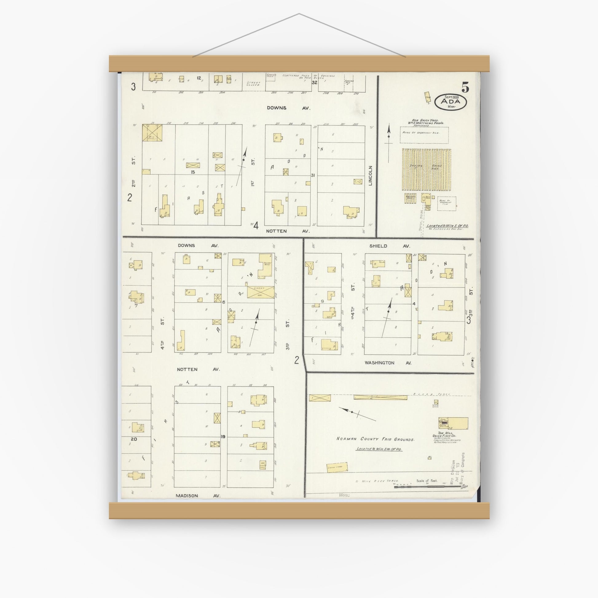 Old map wall art mockup — magnetic wood frame on white wall — Sanborn Fire Insurance Map from Ada, Norman County, Minnesota (1909), Sheet #0005