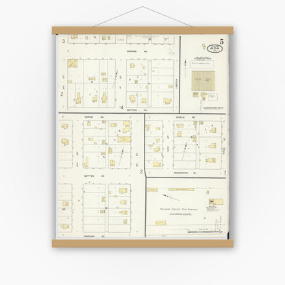 Old map wall art mockup — magnetic wood frame on white wall — Sanborn Fire Insurance Map from Ada, Norman County, Minnesota (1909), Sheet #0005