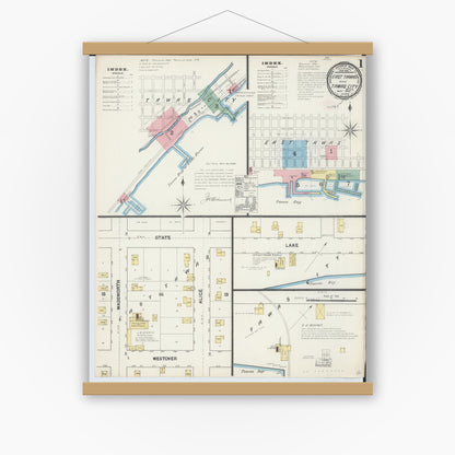 Old map wall art mockup — magnetic wood frame on white wall — Sanborn Fire Insurance Map from East Tawas, Iosco County, Michigan (1890) - Complete Map Set