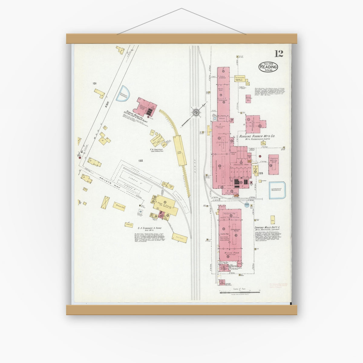 Old map wall art mockup — magnetic wood frame on white wall — Sanborn Fire Insurance Map from Reading, Middlesex County, Massachusetts (1918), Sheet #0012