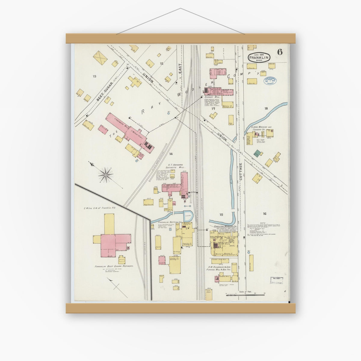 Old map wall art mockup — magnetic wood frame on white wall — Sanborn Fire Insurance Map from Franklin, Norfolk County, Massachusetts (1894), Sheet #0006