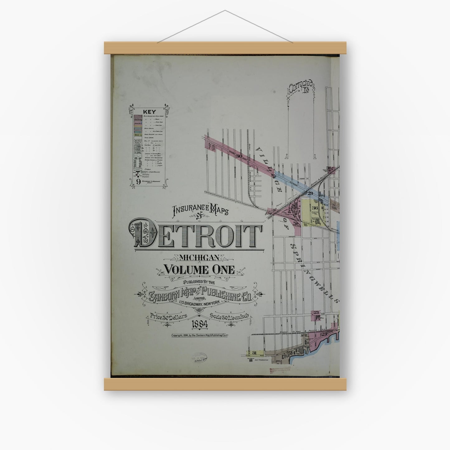 Old map wall art mockup — magnetic wood frame on white wall — Sanborn Fire Insurance Map from Detroit, Wayne County, Michigan (1884), Sheet #0001