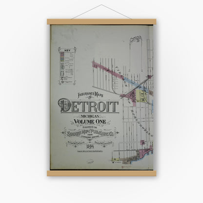 Old map wall art mockup — magnetic wood frame on white wall — Sanborn Fire Insurance Map from Detroit, Wayne County, Michigan (1884), Sheet #0001