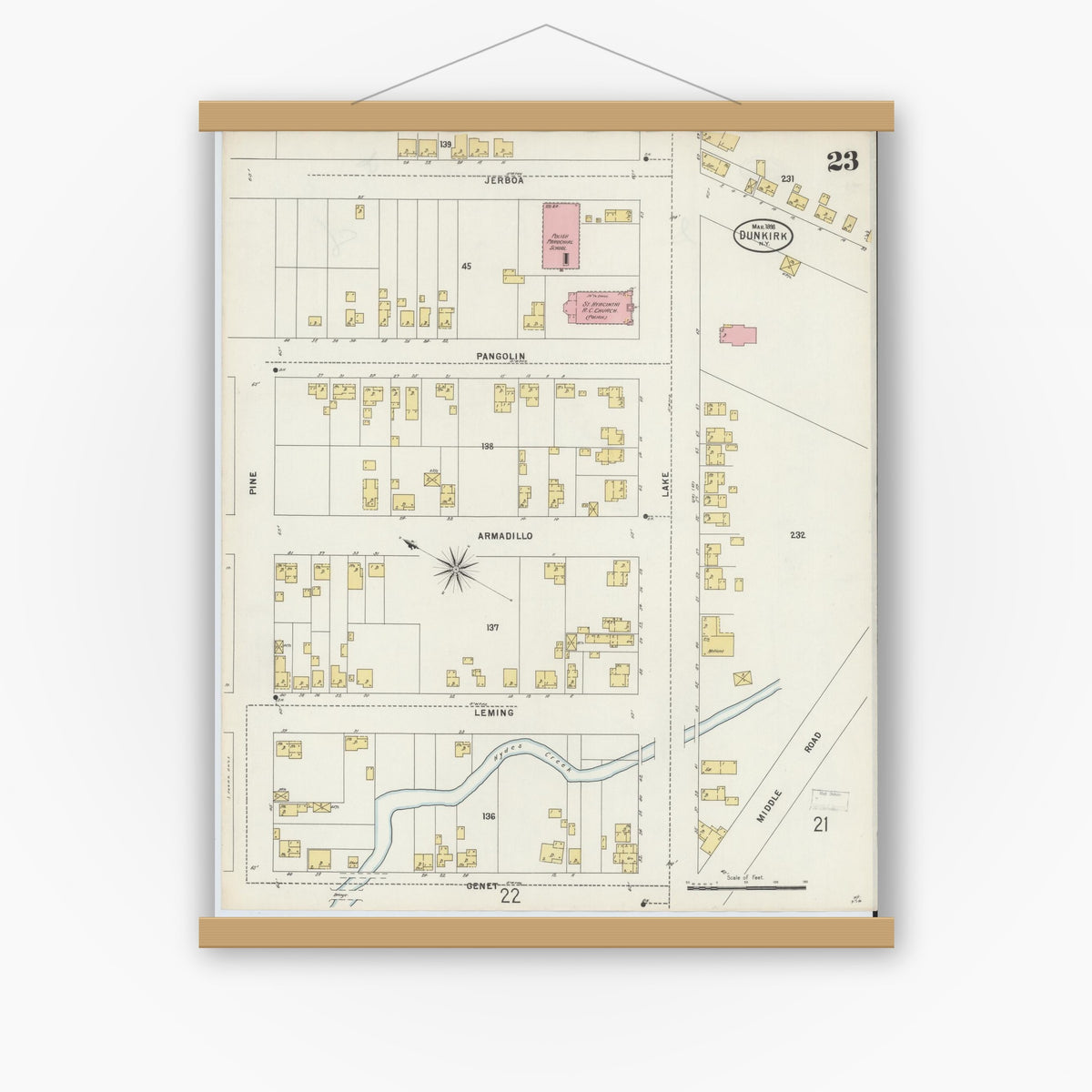 Old map wall art mockup — magnetic wood frame on white wall — Sanborn Fire Insurance Map from Dunkirk, Chautauqua County, New York (1898), Sheet #0023