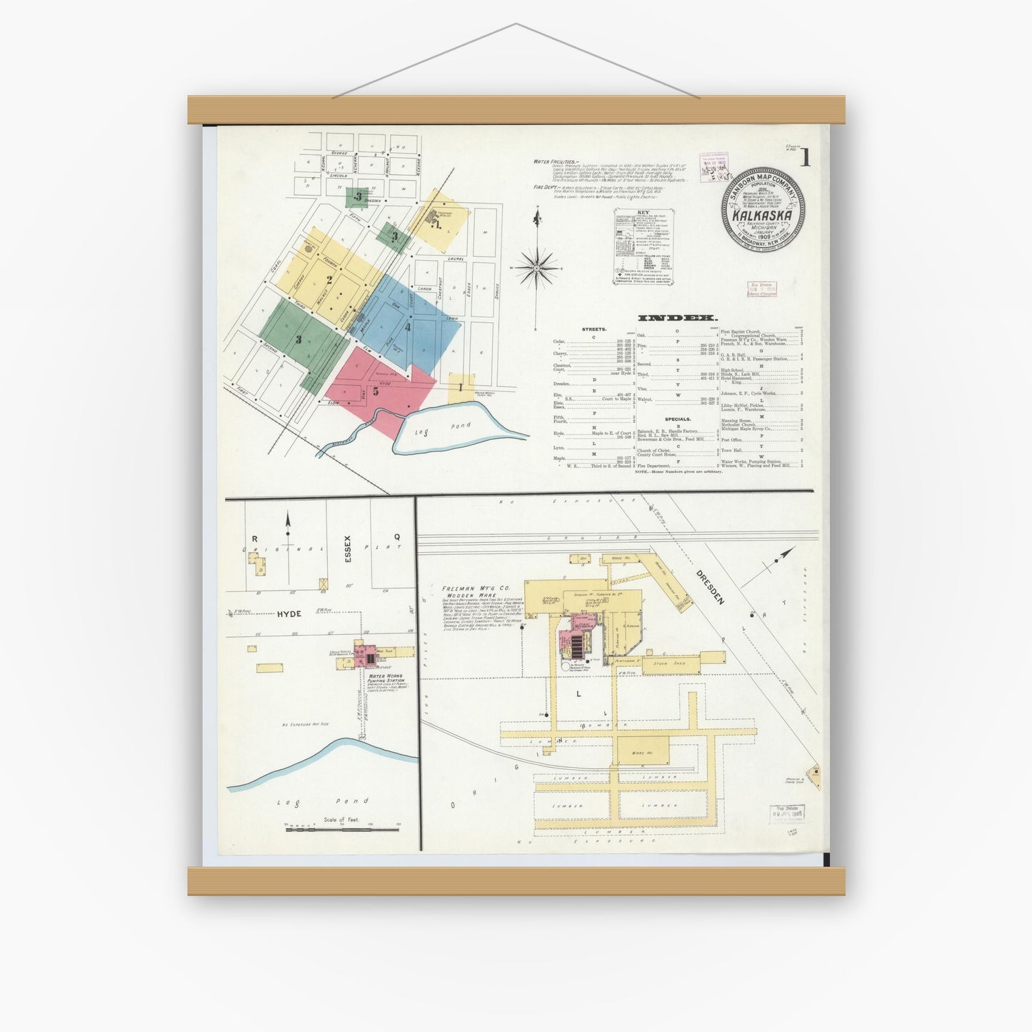 Old map wall art mockup — magnetic wood frame on white wall — Sanborn Fire Insurance Map from Kalkaska, Kalkaska County, Michigan (1909) - Complete Map Set