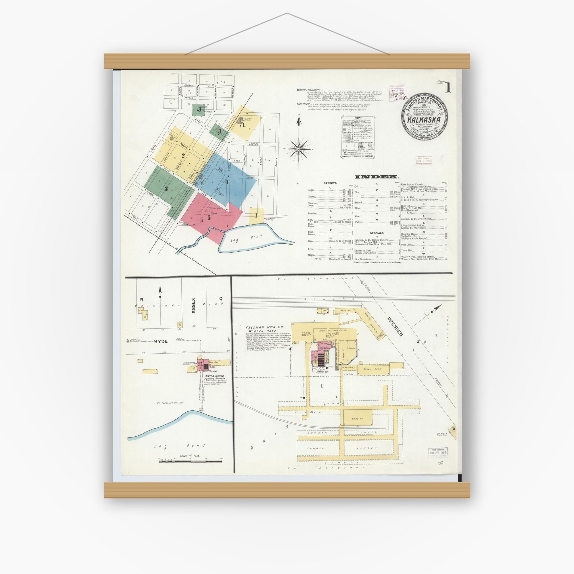 Old map wall art mockup — magnetic wood frame on white wall — Sanborn Fire Insurance Map from Kalkaska, Kalkaska County, Michigan (1909) - Complete Map Set