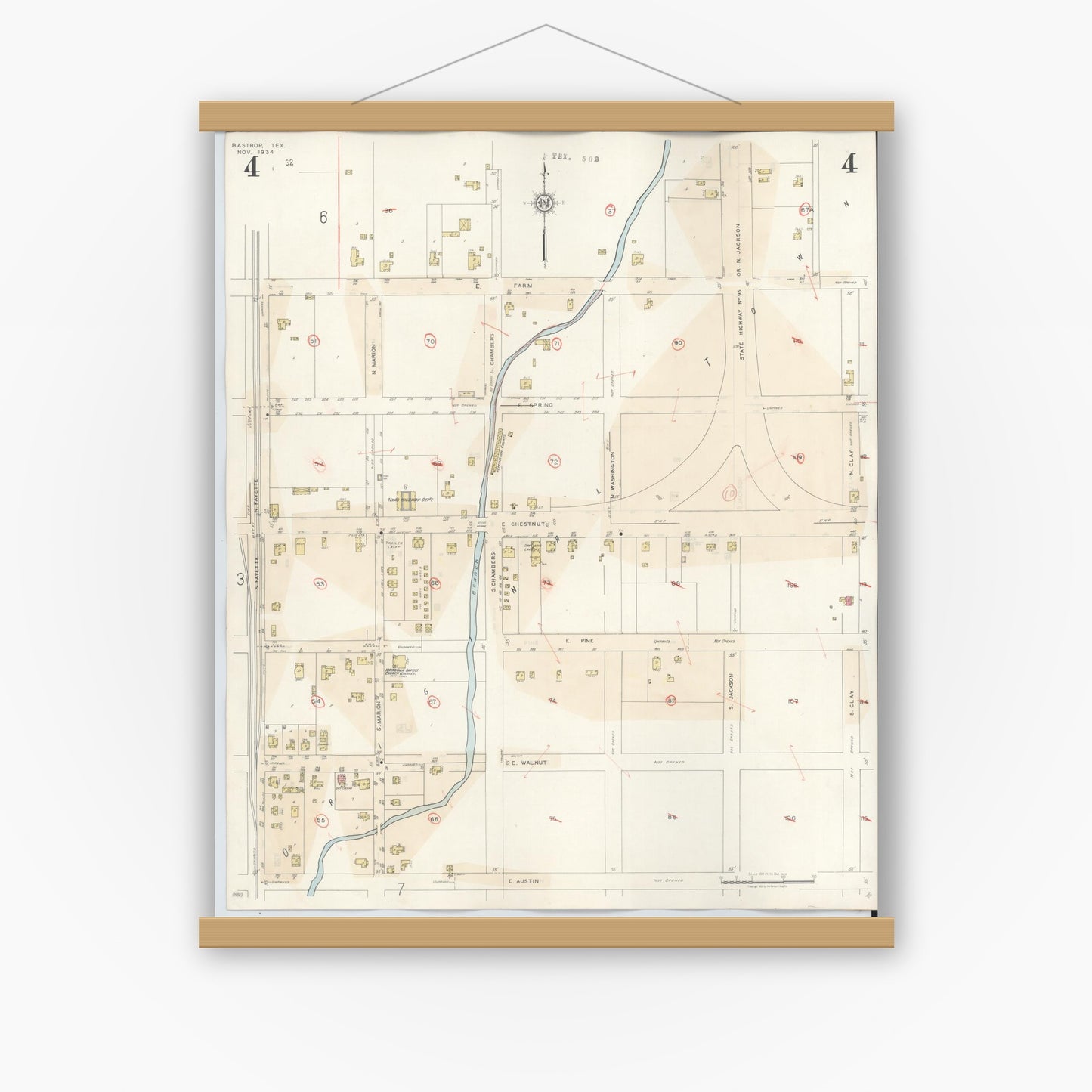 Old map wall art mockup — magnetic wood frame on white wall — Sanborn Fire Insurance Map from Bastrop, Bastrop County, Texas (1944), Sheet #0004
