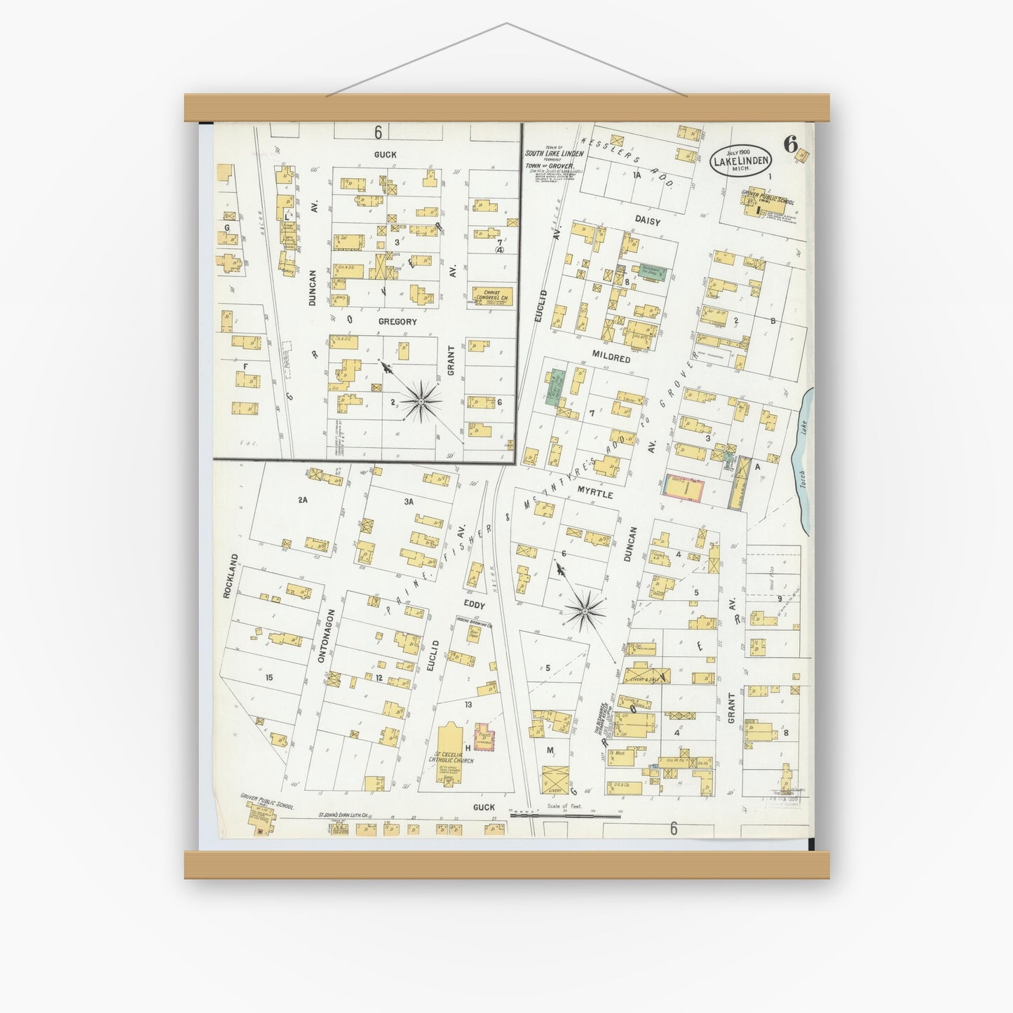 Old map wall art mockup — magnetic wood frame on white wall — Sanborn Fire Insurance Map from Lake Linden, Houghton County, Michigan (1900), Sheet #0006