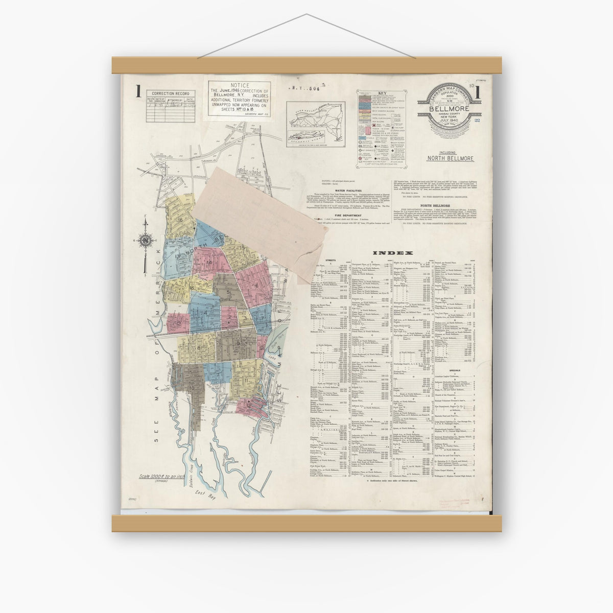 Old map wall art mockup — magnetic wood frame on white wall — Sanborn Fire Insurance Map from Bellmore, Nassau County, New York (1945) - Complete Map Set