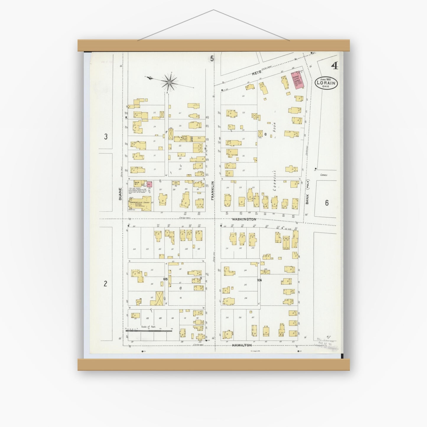 Old map wall art mockup — magnetic wood frame on white wall — Sanborn Fire Insurance Map from Lorain, Lorain County, Ohio (1905), Sheet #0004