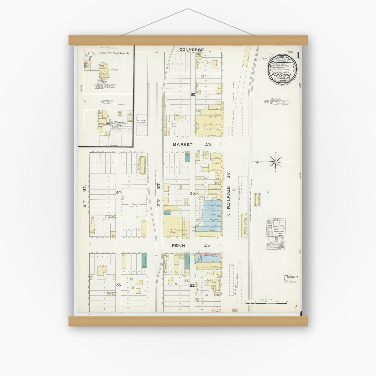 Old map wall art mockup — magnetic wood frame on white wall — Sanborn Fire Insurance Map from Flatonia, Fayette County, Texas (1891) - Complete Map Set