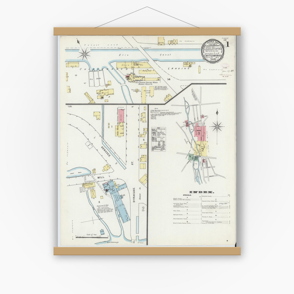 Old map wall art mockup — magnetic wood frame on white wall — Sanborn Fire Insurance Map from Chittenango, Madison County, New York (1895), Sheet #0001