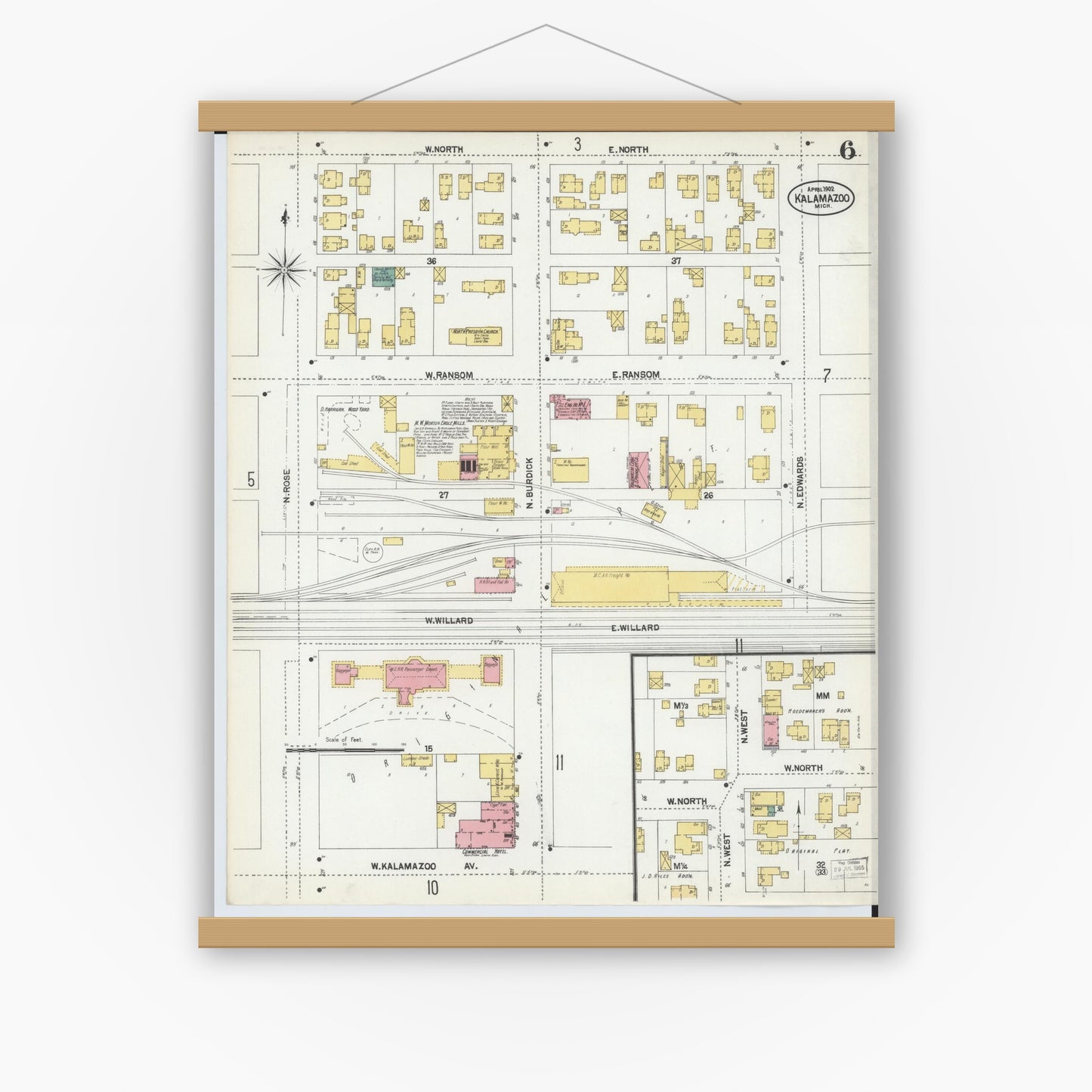 Old map wall art mockup — magnetic wood frame on white wall — Sanborn Fire Insurance Map from Kalamazoo, Kalamazoo County, Michigan (1902), Sheet #0006