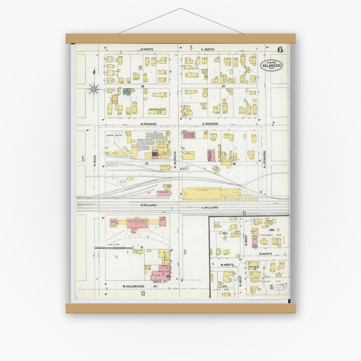 Old map wall art mockup — magnetic wood frame on white wall — Sanborn Fire Insurance Map from Kalamazoo, Kalamazoo County, Michigan (1902), Sheet #0006