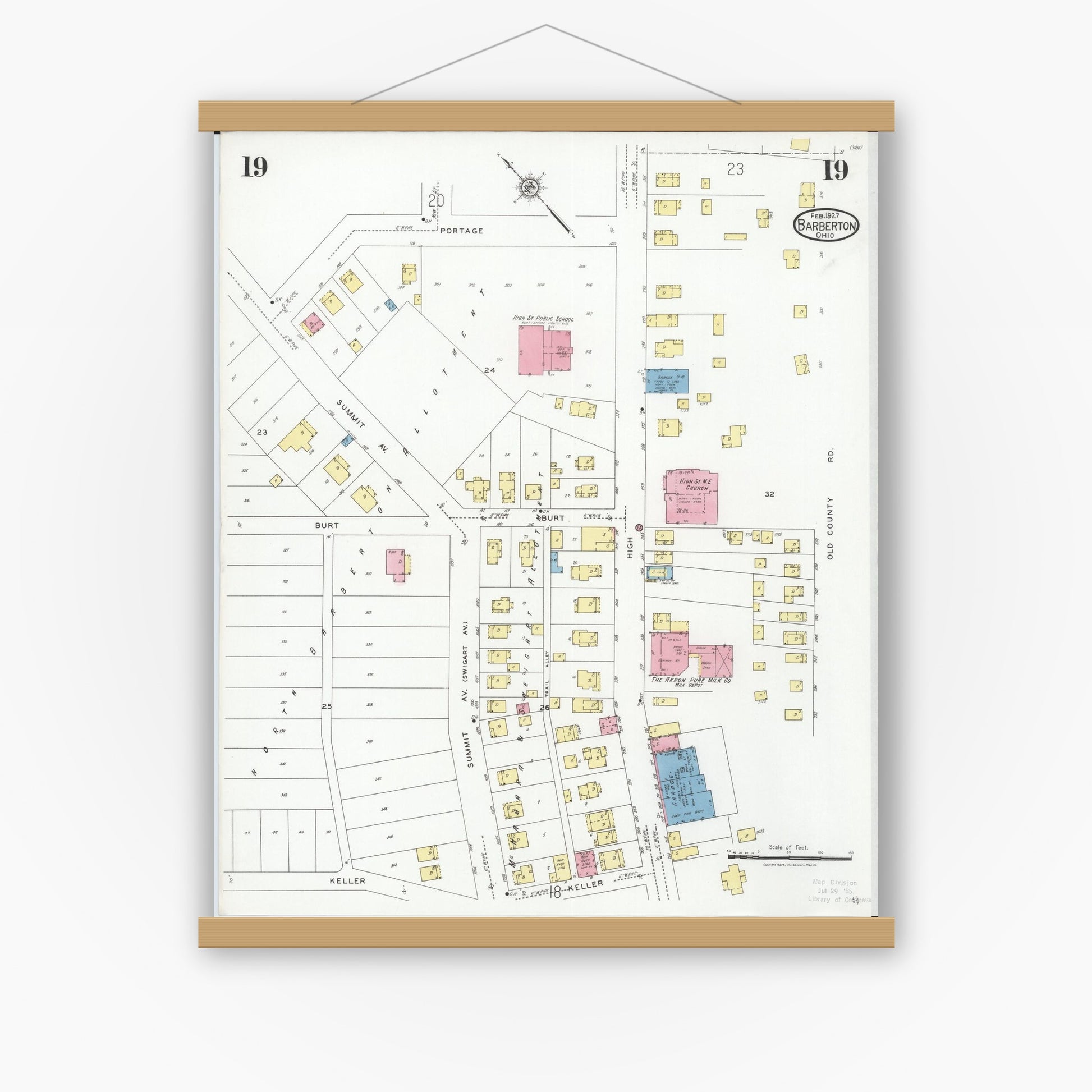 Old map wall art mockup — magnetic wood frame on white wall — Sanborn Fire Insurance Map from Barberton, Summit County, Ohio (1927), Sheet #0019