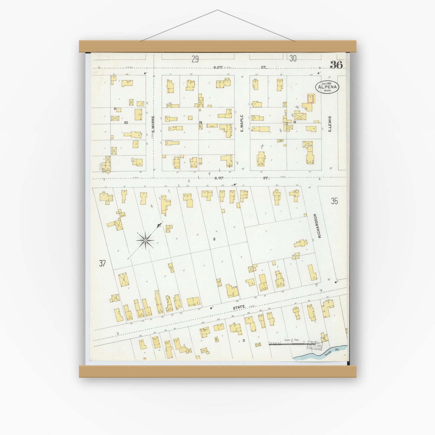 Old map wall art mockup — magnetic wood frame on white wall — Sanborn Fire Insurance Map from Alpena, Alpena County, Michigan (1901), Sheet #0036