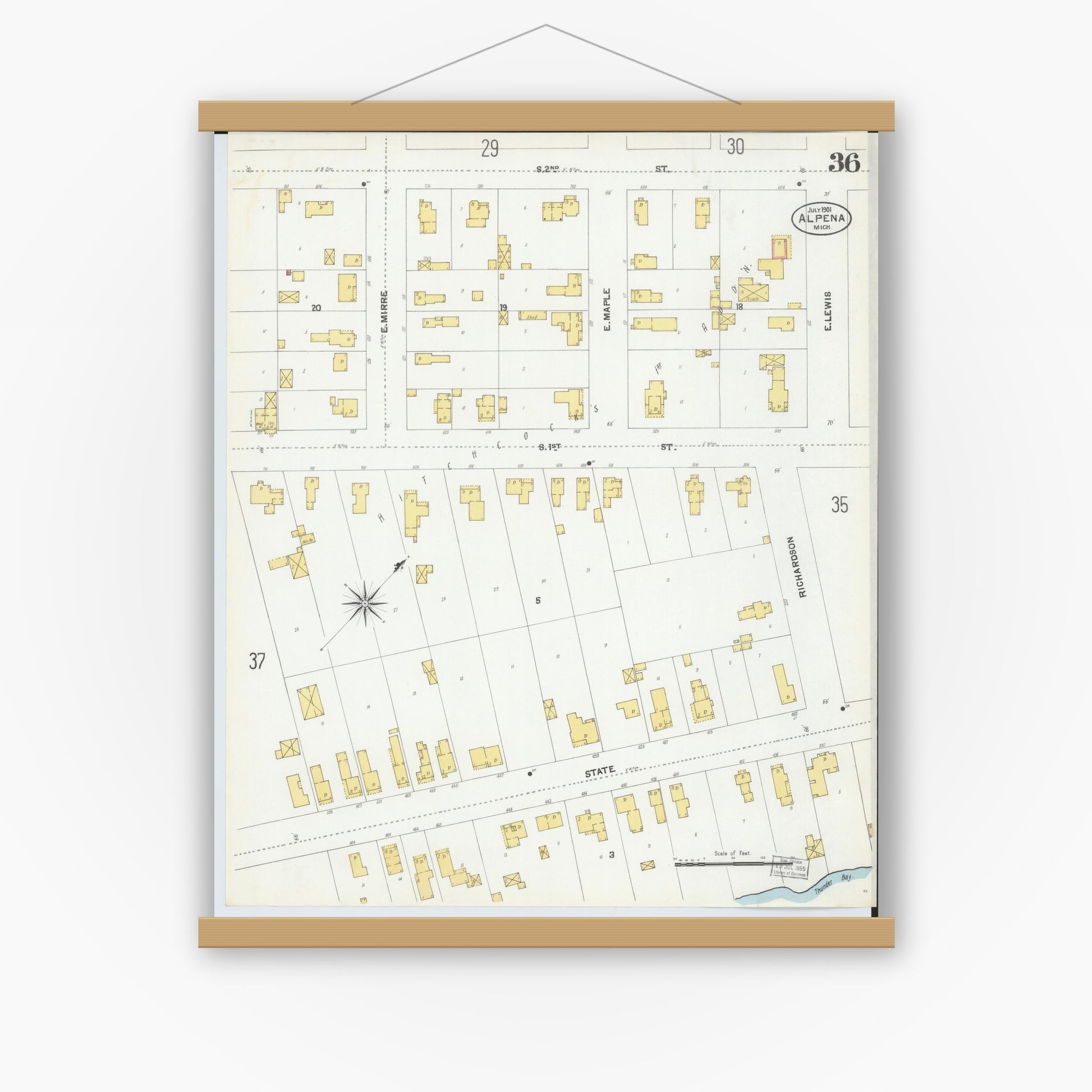 Old map wall art mockup — magnetic wood frame on white wall — Sanborn Fire Insurance Map from Alpena, Alpena County, Michigan (1901), Sheet #0036