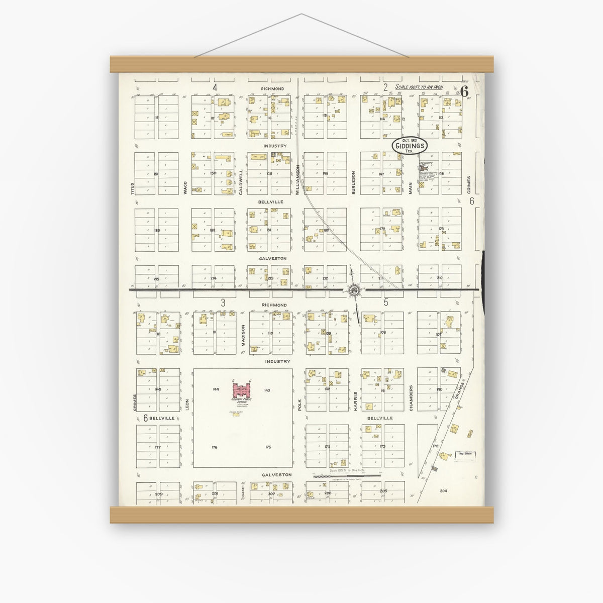 Old map wall art mockup — magnetic wood frame on white wall — Sanborn Fire Insurance Map from Giddings, Lee County, Texas (1921), Sheet #0006